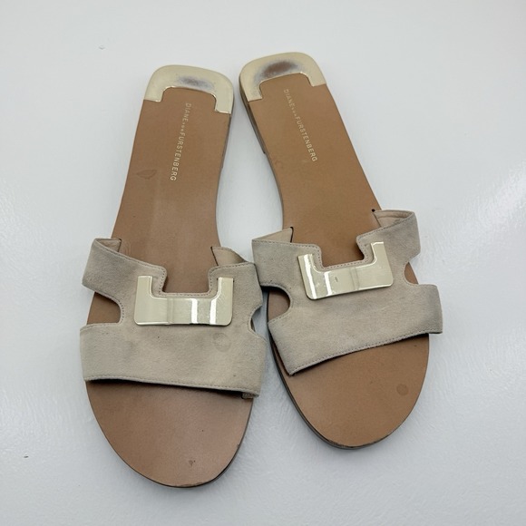 Diane Von Furstenberg Shoes - Diane von Furstenberg Tan Brown Suede Leather Flat Slide Sandals Women's Size 10